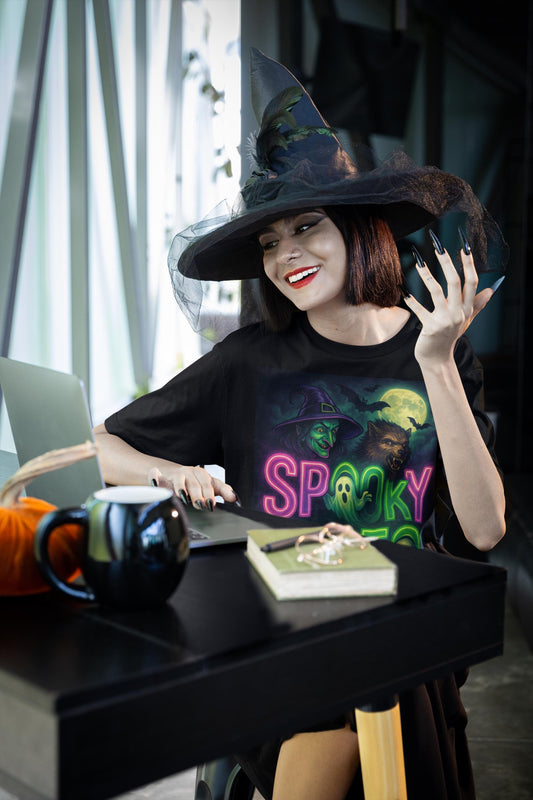 Halloween Spooky Vibes Unisex Garment-Dyed T-shirt, Retro Neon Style, Witch Ghost Pumpkin Shirt, Fall Festival Top, 100% Cotton Tee