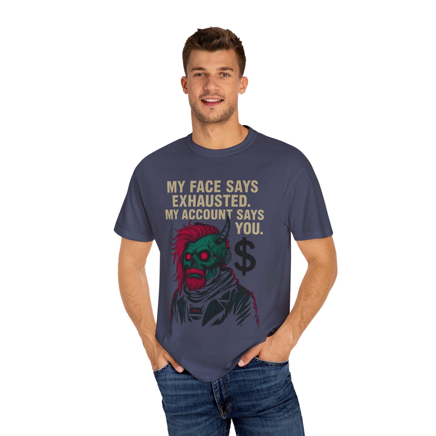 Cyberpunk Hustle Sarcasm T-shirt, Thank You Account, Exhausted Face, Unisex Graphic Tee, Poster Sticker, Masculine Edge, Digital Trophy