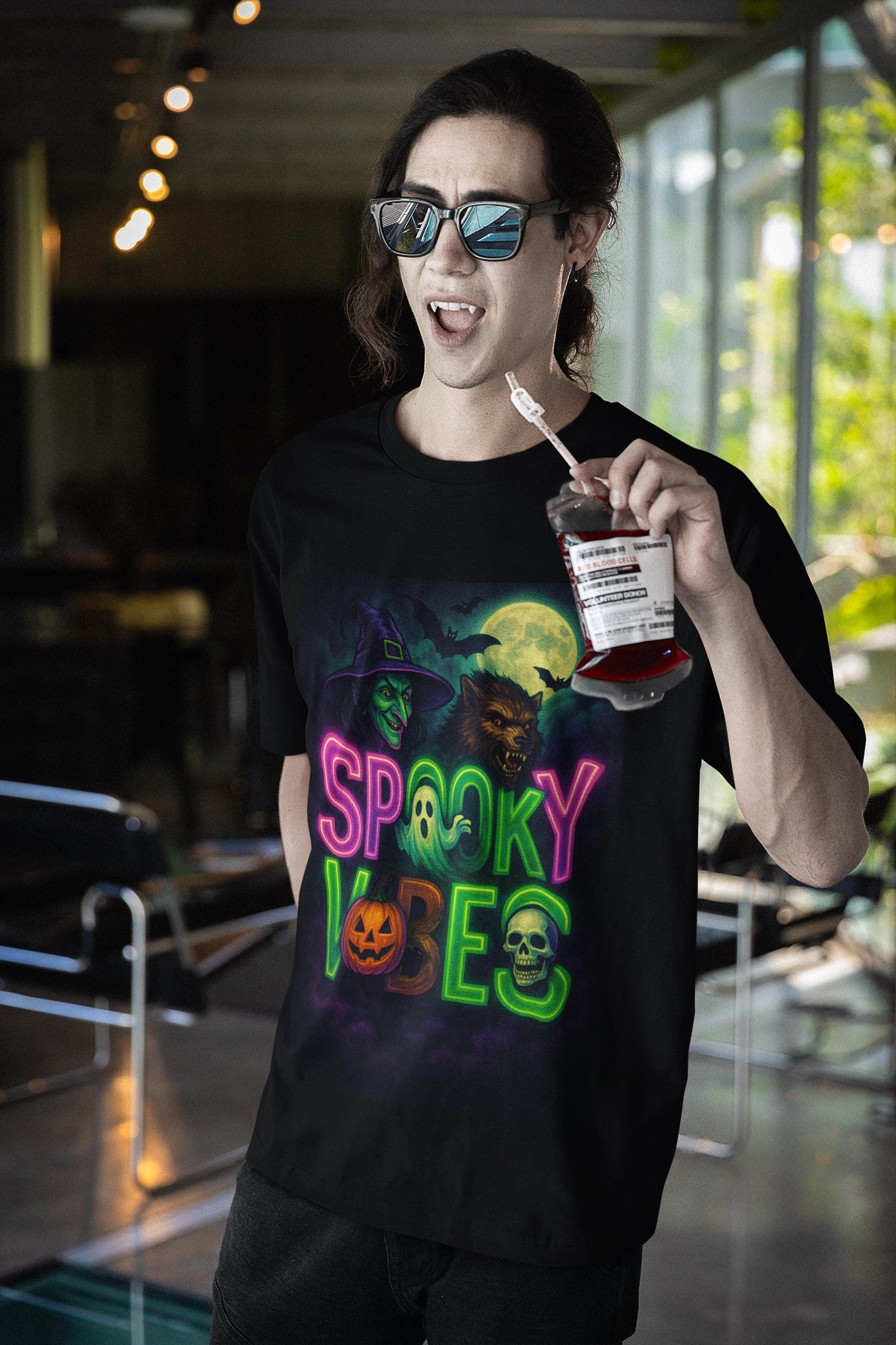 Halloween Spooky Vibes Unisex Garment-Dyed T-shirt, Retro Neon Style, Witch Ghost Pumpkin Shirt, Fall Festival Top, 100% Cotton Tee