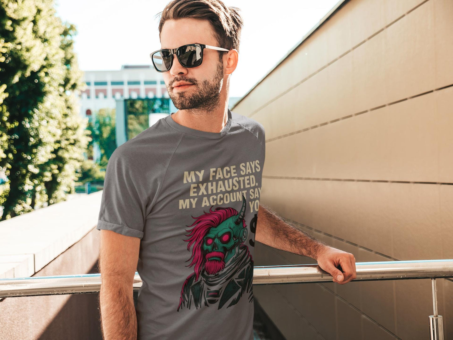Cyberpunk Hustle Sarcasm T-shirt, Thank You Account, Exhausted Face, Unisex Graphic Tee, Poster Sticker, Masculine Edge, Digital Trophy