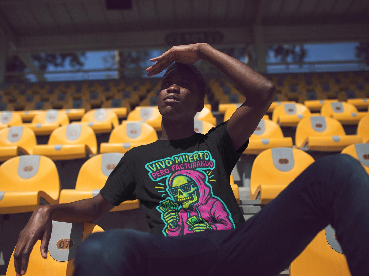 Unisex T-shirt, Skeleton with Magenta Hoodie and Sunglasses Design, Trendy Sticker Style, Fluorescent Colors, Transparent Background,