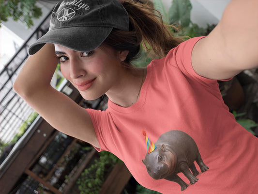 Pygmy Hippo Birthday Hat Unisex Garment-Dyed T-shirt, Viral Animal Lover Gift, Cute Tee for Animal Collectors, Comfort Colors Shirt