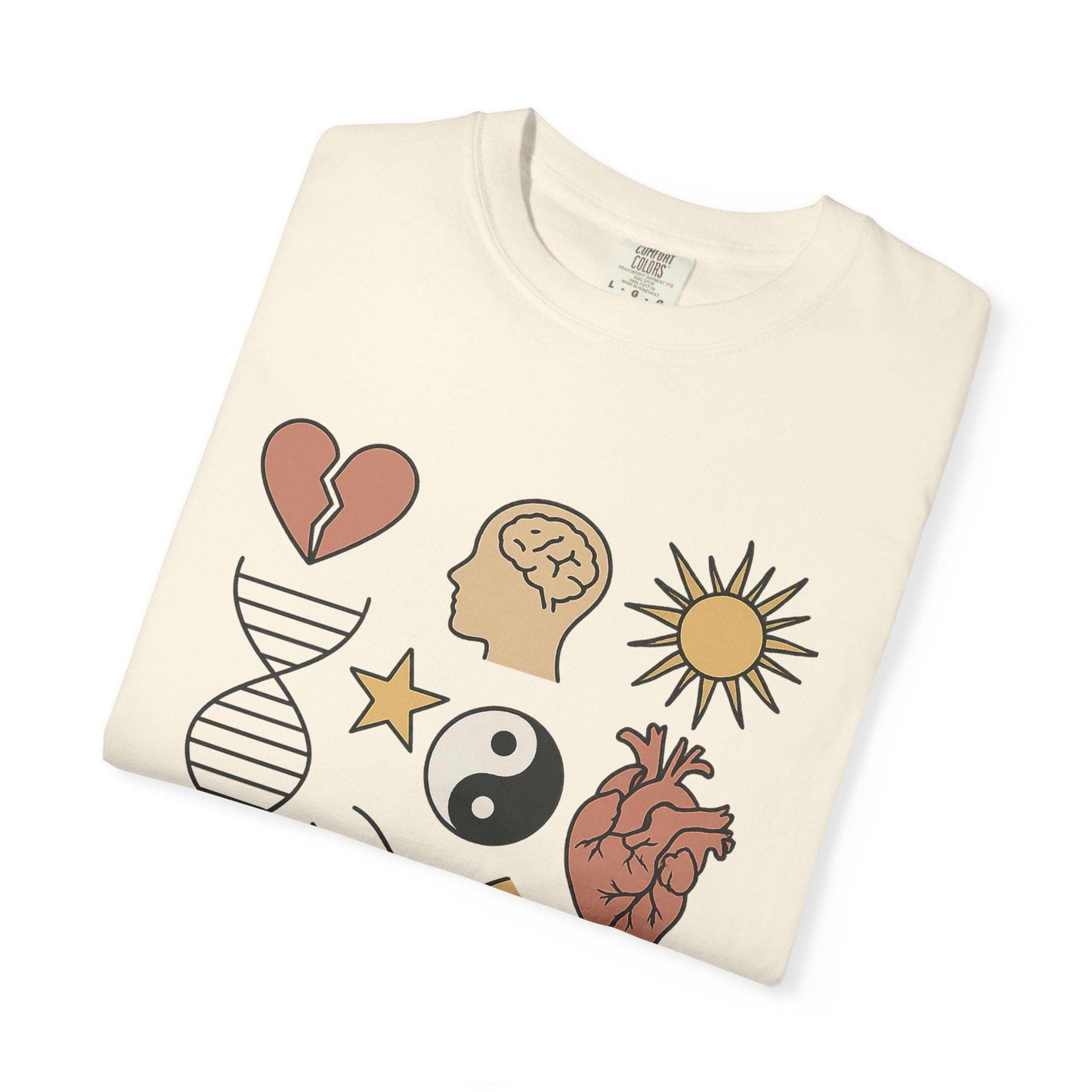 Emotional DNA Collage Unisex T-shirt, Heart Brain Hands Yin-Yang Sun Symbolic Art Tee, Unique Gift, Soft Cotton, Fashion Purpose, Identity