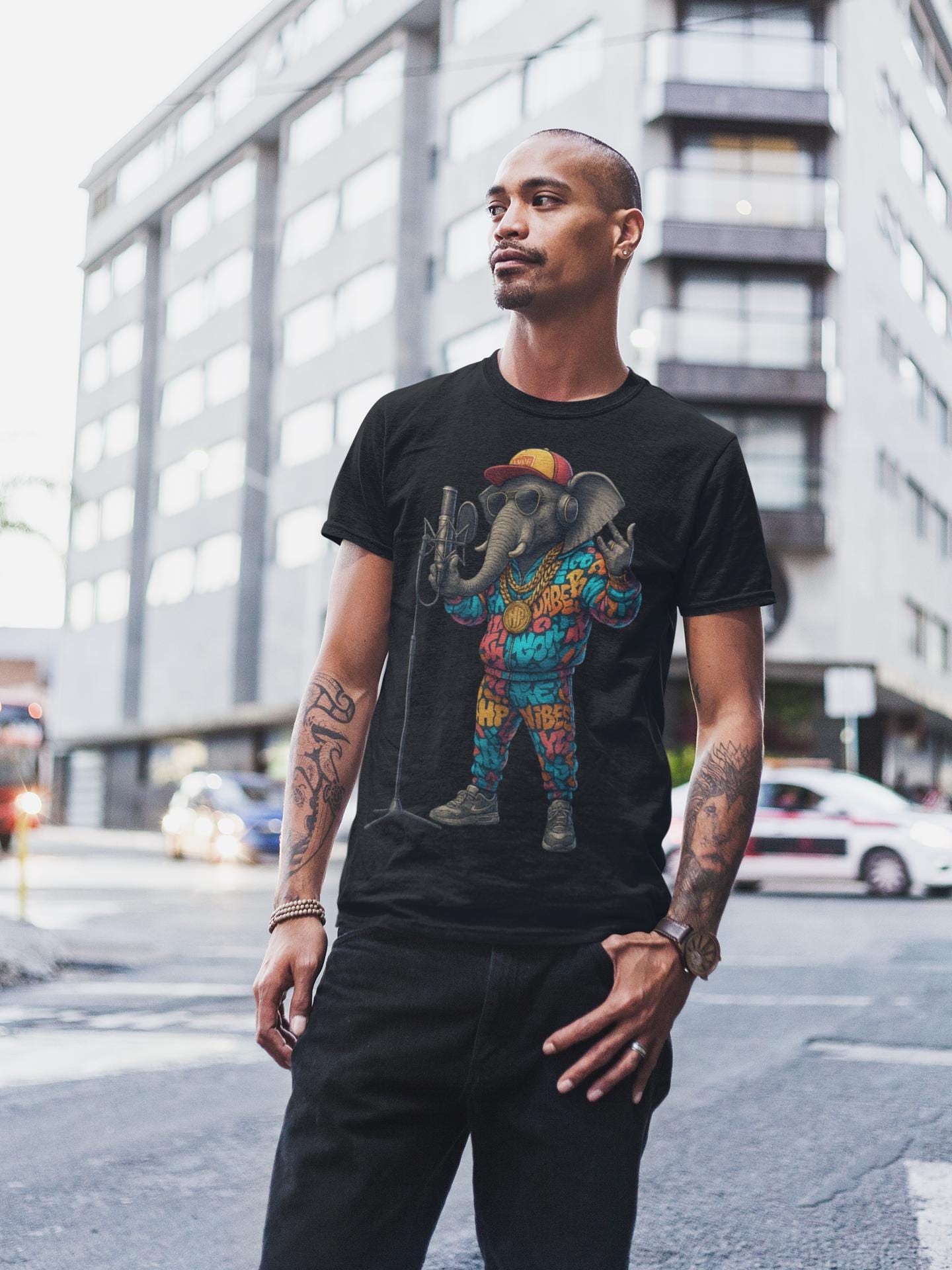 Elephant Rapper T-Shirt - Colorful Hip-Hop Tee, Funny Animal Graphic, Music Lover Gift, Urban Vibes Shirt, Unisex Streetwear Top